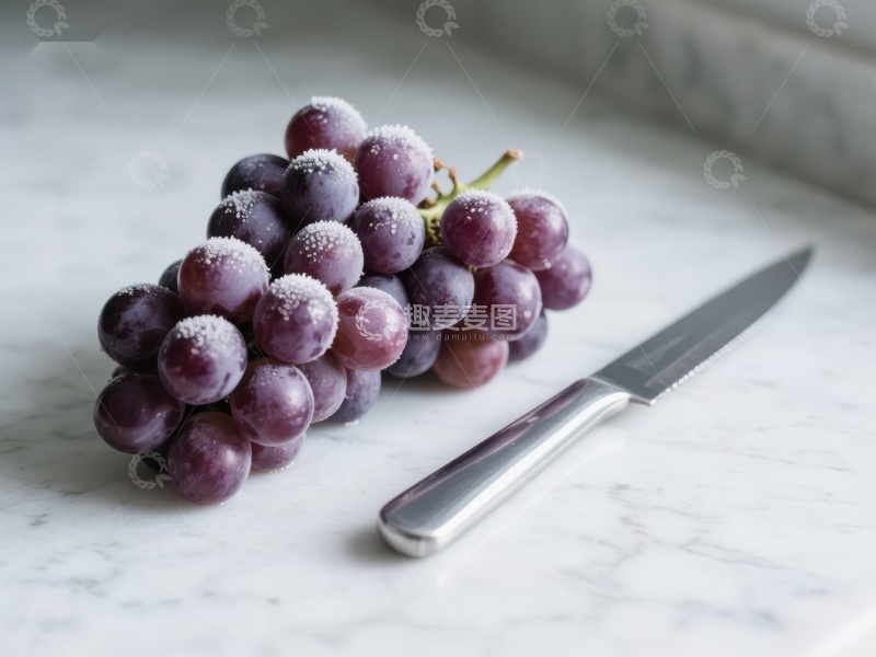 高清大图下载【趣麦麦图】-新鲜葡萄与刀具静置大理石台面