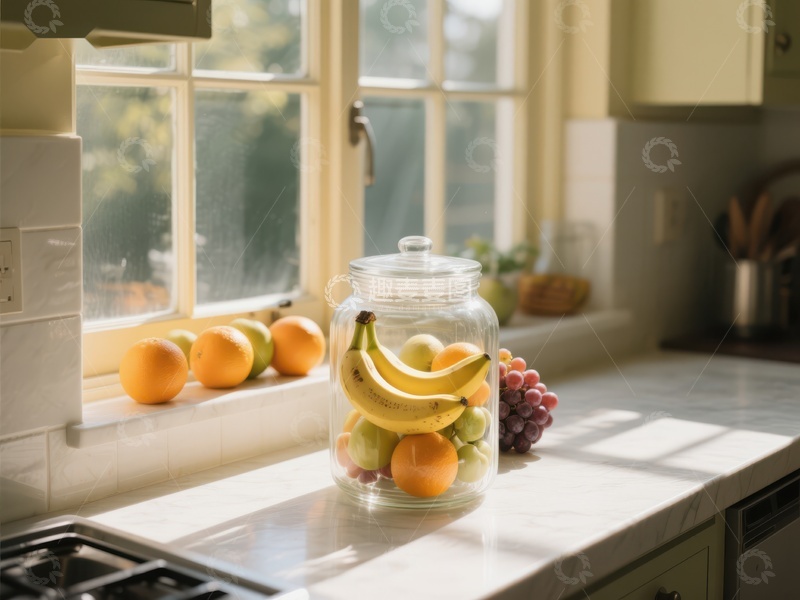 高清大图下载【趣麦麦图】厨房窗台上的水果罐
