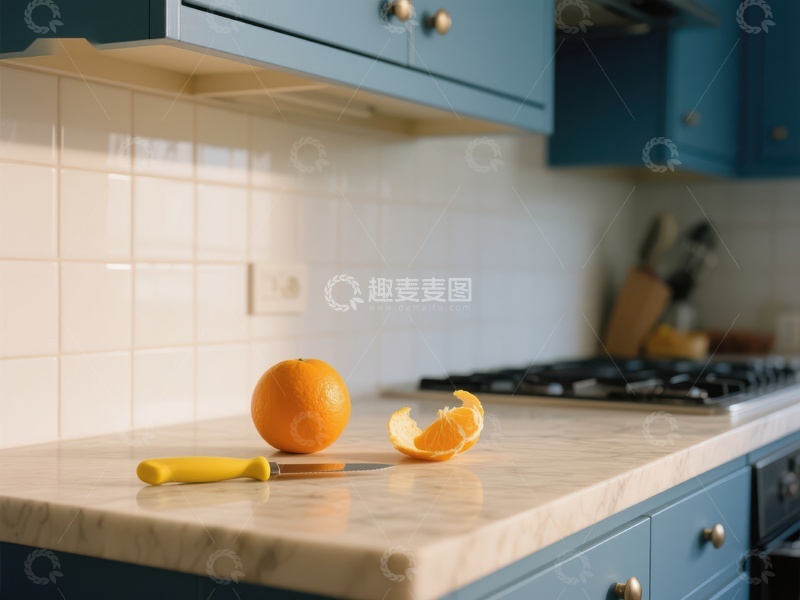 高清大图下载【趣麦麦图】厨房台面上的橙子与刀具