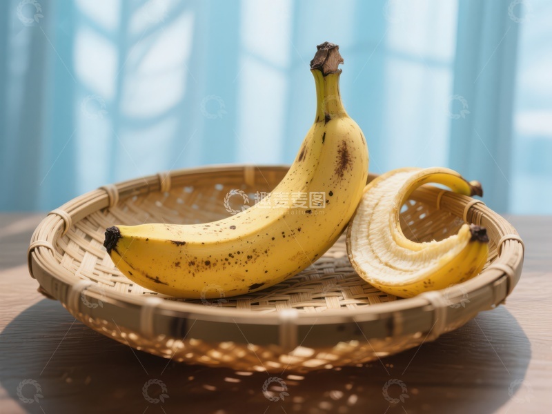 高清大图下载【趣麦麦图】香蕉置于竹篮，阳光洒落