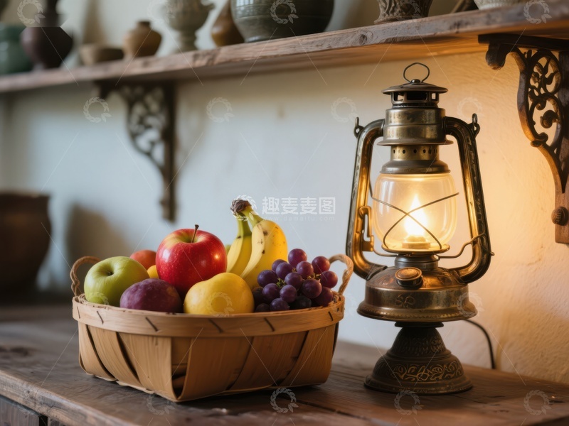 高清大图下载【趣麦麦图】复古油灯旁的水果篮