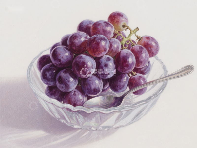 高清大图下载【趣麦麦图】玻璃碗中的紫葡萄与勺子