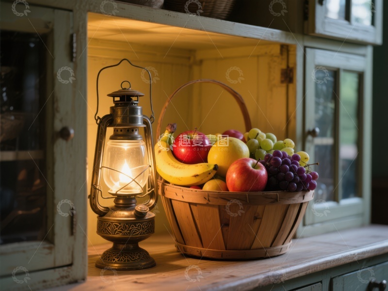 高清大图下载【趣麦麦图】复古灯笼与水果篮的温馨厨房一角
