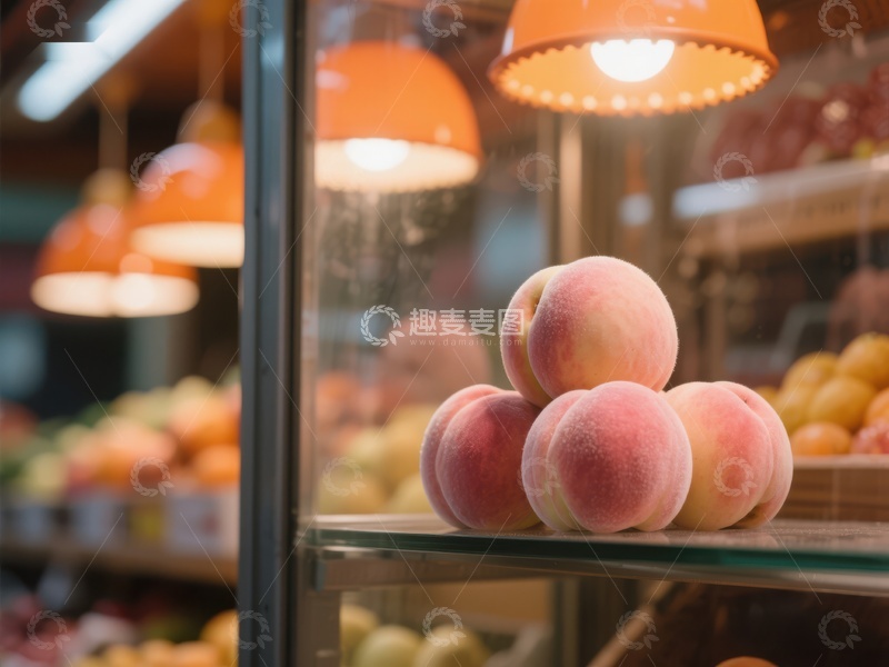 高清大图下载【趣麦麦图】新鲜桃子陈列在超市冷藏柜中