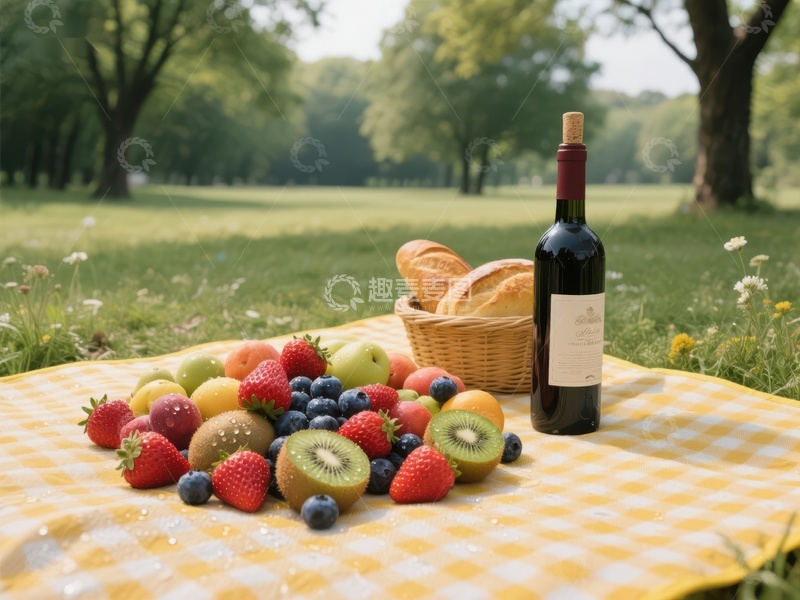 高清大图下载【趣麦麦图】公园野餐：水果面包与红酒