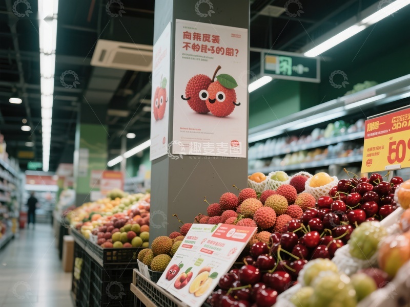 高清大图下载【趣麦麦图】超市水果区展示荔枝与樱桃