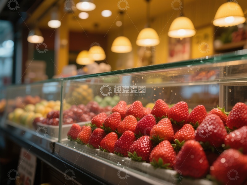 高清大图下载【趣麦麦图】新鲜草莓陈列于玻璃展示柜中