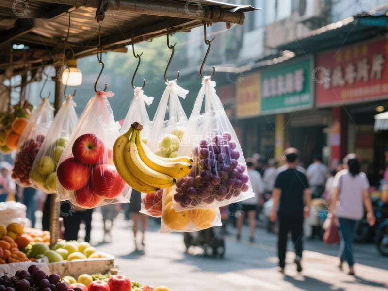 街头市场水果袋装展示