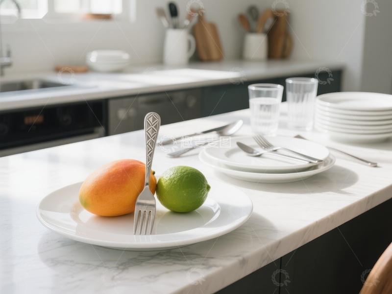 高清大图下载【趣麦麦图】现代厨房餐桌上的水果与餐具
