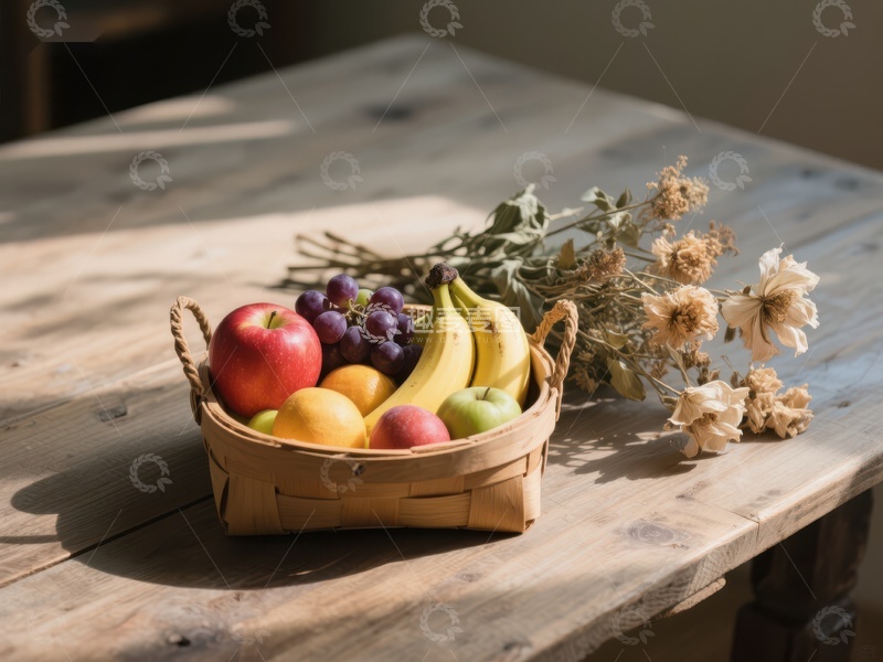 高清大图下载【趣麦麦图】木桌上的水果篮与干花