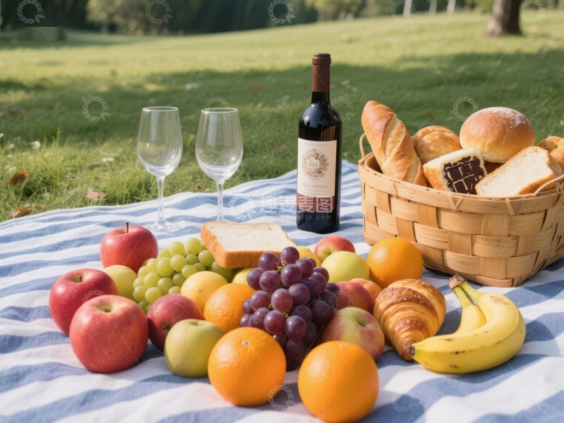 高清大图下载【趣麦麦图】户外野餐布置，水果面包与红酒