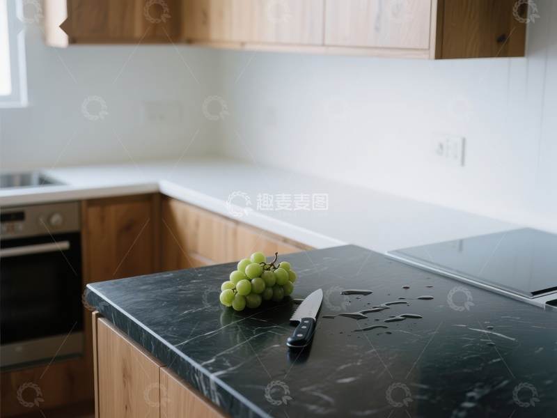 高清大图下载【趣麦麦图】现代厨房台面的葡萄与刀具