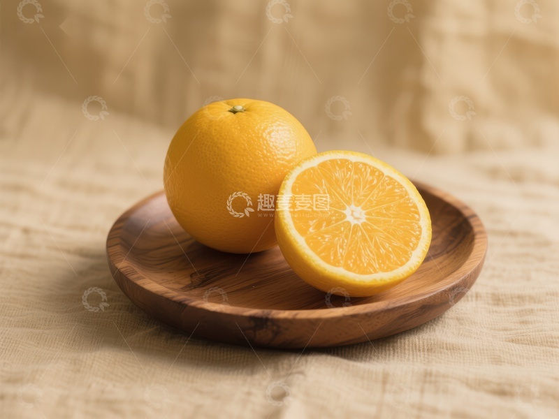 高清大图下载【趣麦麦图】新鲜橙子置于木质盘中