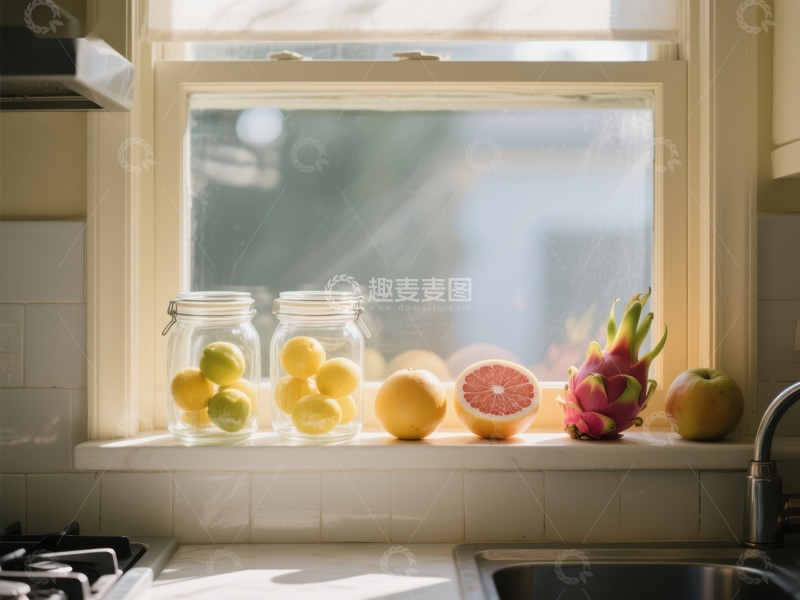 高清大图下载【趣麦麦图】窗台上的水果与玻璃罐