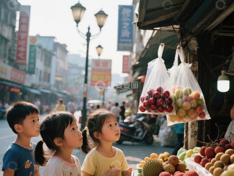 市场街景：孩童注视新鲜水果