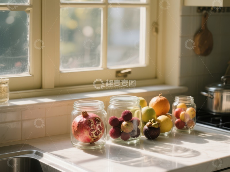 高清大图下载【趣麦麦图】窗台上的水果与罐装装饰