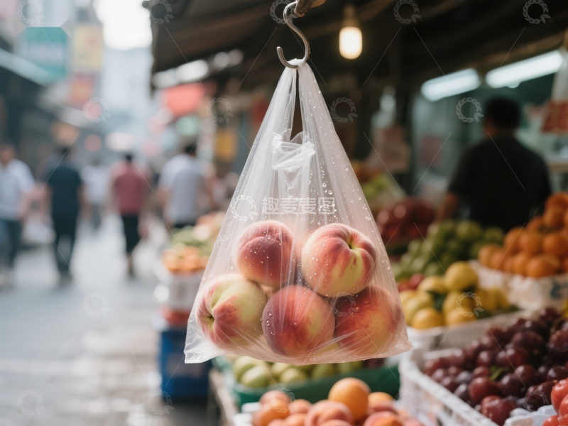 市场摊位上悬挂的桃子