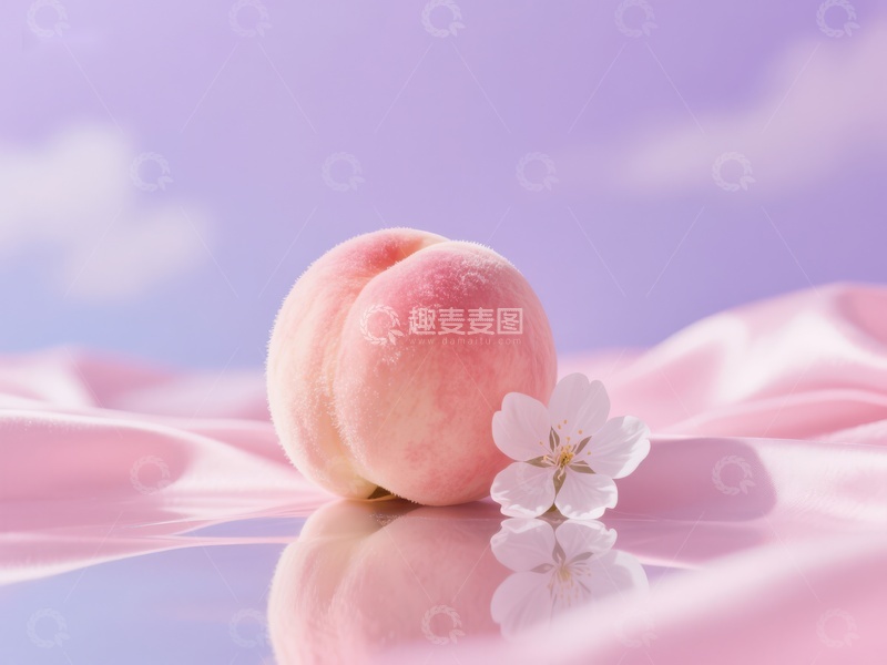 高清大图下载【趣麦麦图】桃子与樱花，紫色背景下的静谧之美