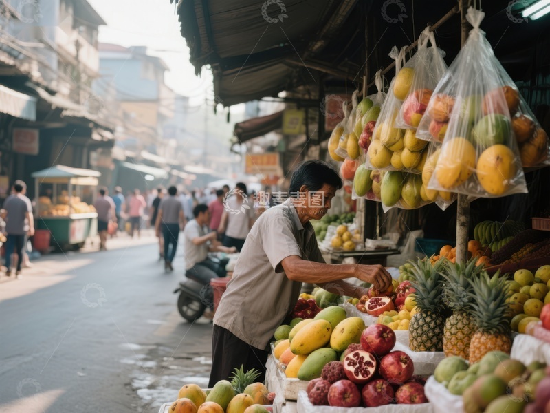 街头水果摊，商贩整理货物