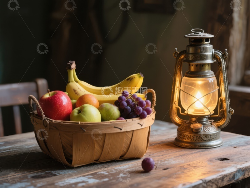 高清大图下载【趣麦麦图】复古油灯旁的水果篮