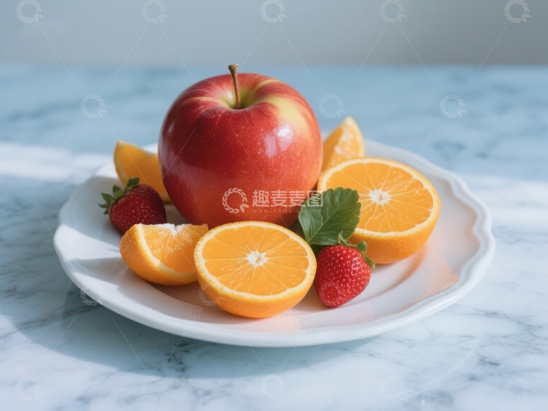 高清大图下载【趣麦麦图】新鲜水果盘：苹果、橙子与草莓