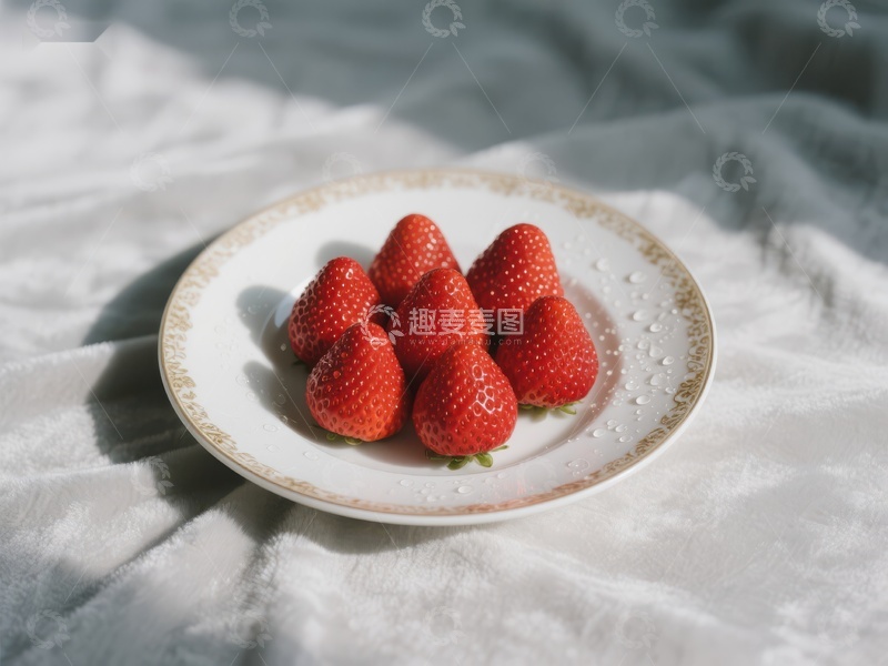 高清大图下载【趣麦麦图】盘中新鲜草莓，阳光洒落