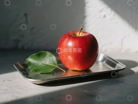 红苹果与绿叶置于金属托盘