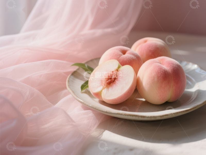 高清大图下载【趣麦麦图】盘中新鲜桃子与柔美粉纱