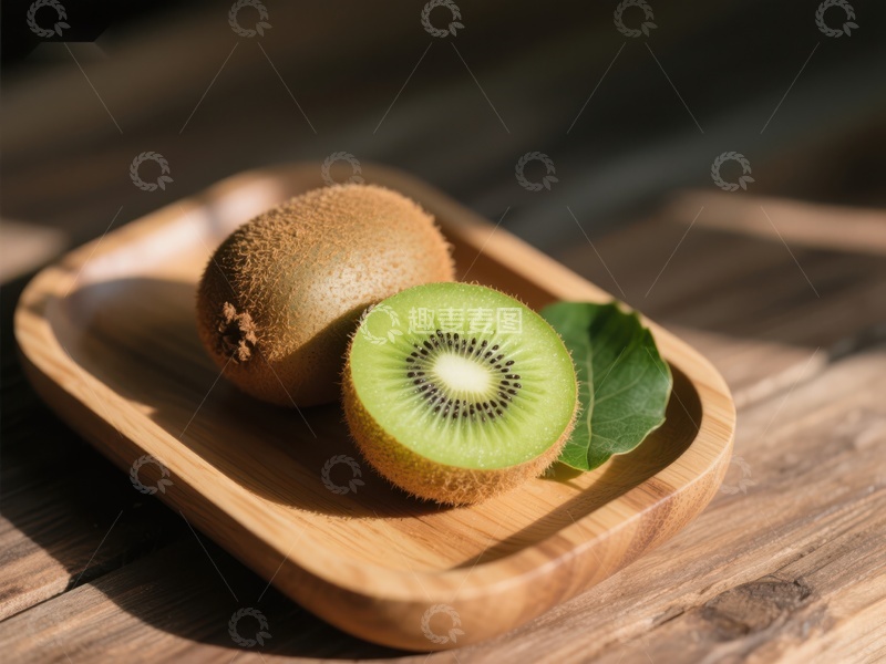 高清大图下载【趣麦麦图】新鲜猕猴桃切片置于木质托盘