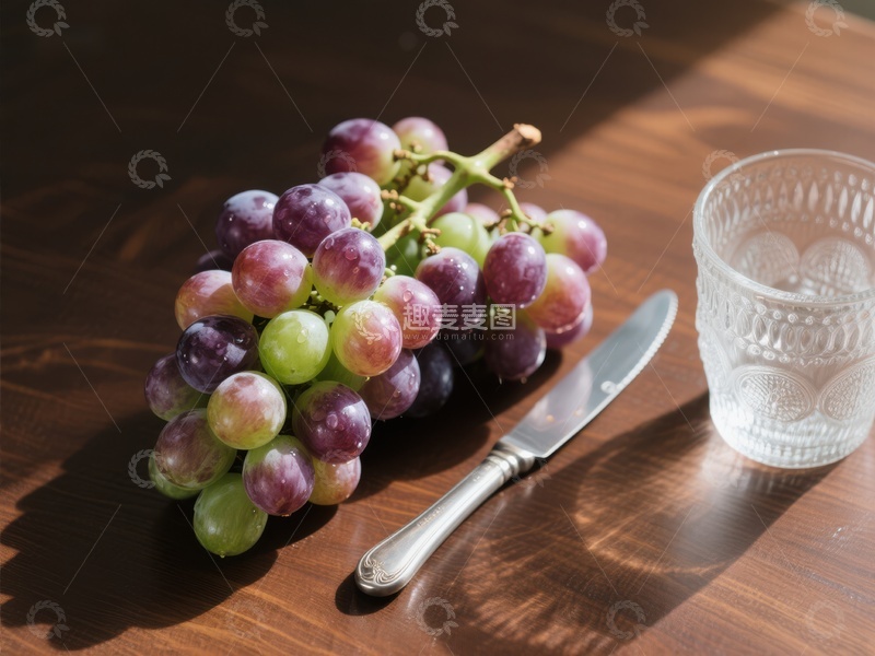 高清大图下载【趣麦麦图】葡萄与刀具的静物组合
