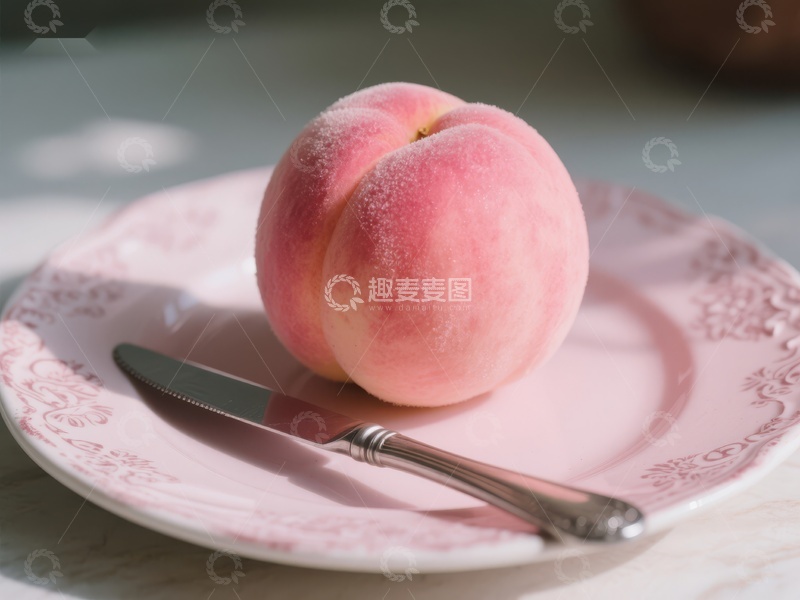 高清大图下载【趣麦麦图】桃子置于粉色盘中，配以刀具