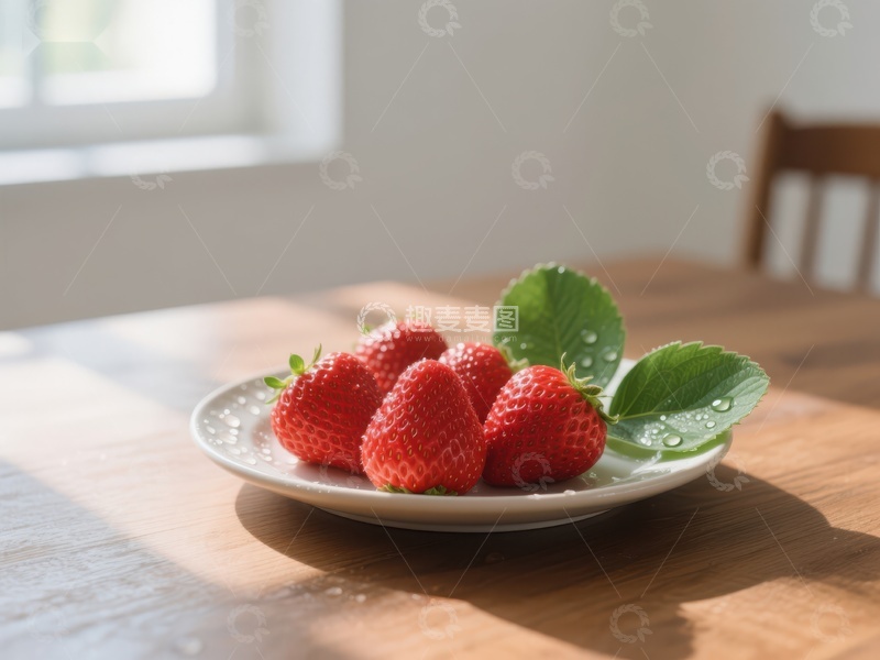 高清大图下载【趣麦麦图】新鲜草莓置于盘中，阳光洒落