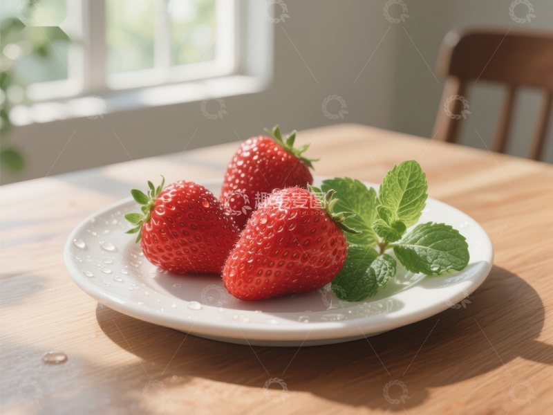 高清大图下载【趣麦麦图】新鲜草莓与薄荷叶置于盘中