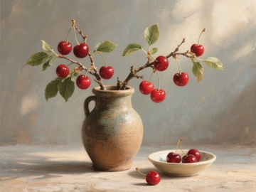枝头樱桃与陶罐静物