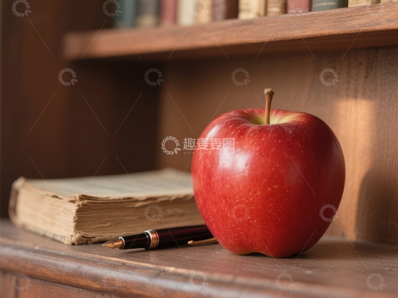 高清大图下载【趣麦麦图】书桌上的红苹果与书籍
