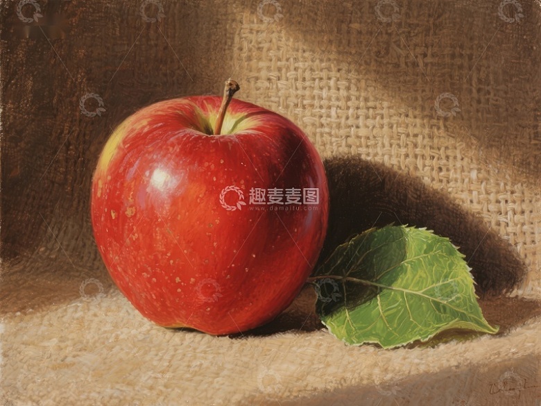 红苹果与绿叶的静物画