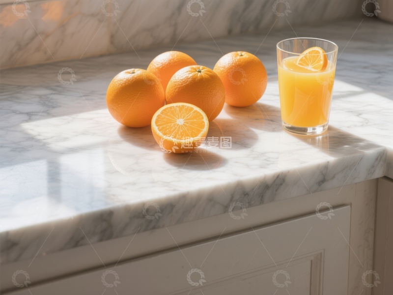 高清大图下载【趣麦麦图】新鲜橙子与橙汁置于大理石台面