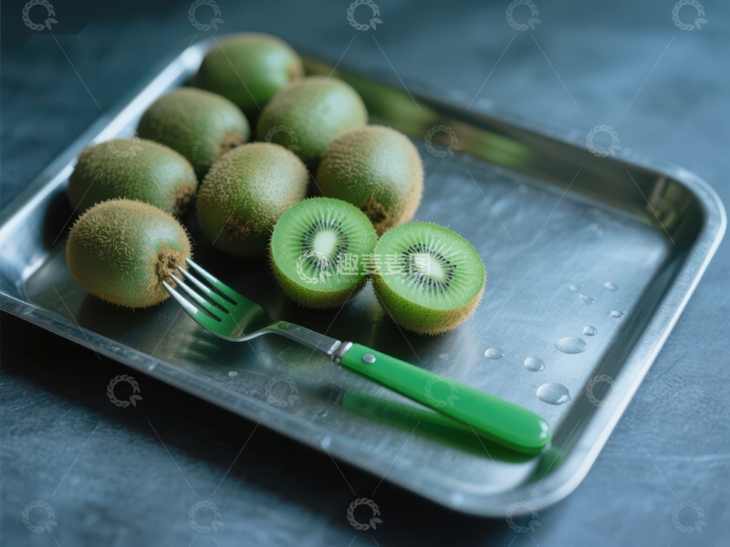 高清大图下载【趣麦麦图】切开的猕猴桃与叉子置于金属托盘