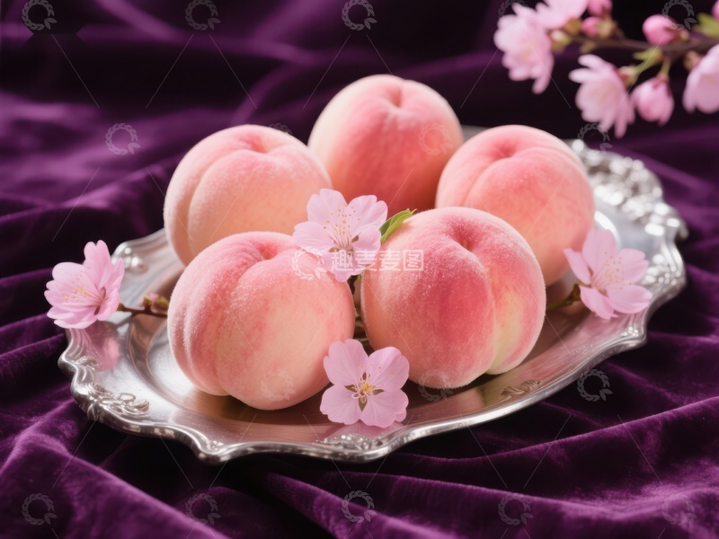高清大图下载【趣麦麦图】盘中桃子与樱花的静物组合