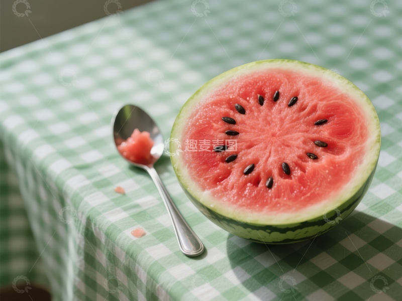 高清大图下载【趣麦麦图】切开的西瓜与勺子