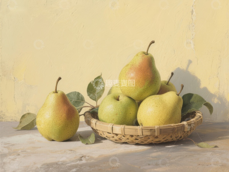 高清大图下载【趣麦麦图】静谧的梨子与竹篮