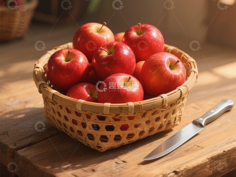 高清大图下载【趣麦麦图】竹篮中的红苹果与木桌上的刀具