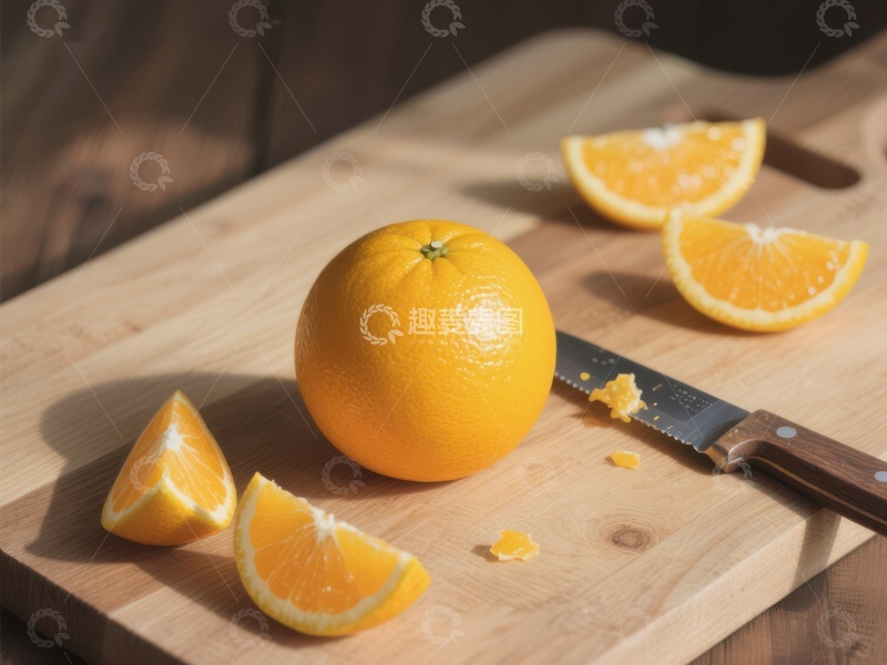 高清大图下载【趣麦麦图】新鲜橙子切片，阳光下的木板