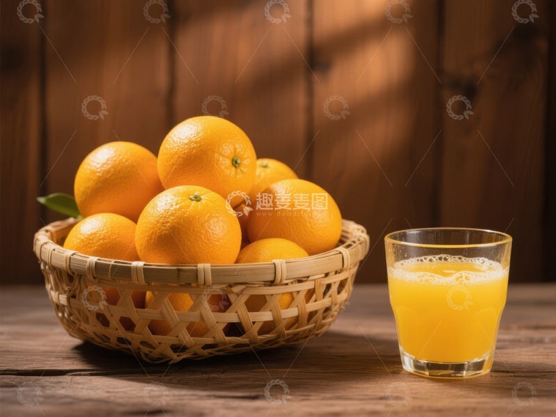 高清大图下载【趣麦麦图】新鲜橙子与橙汁，木桌上的美味组合