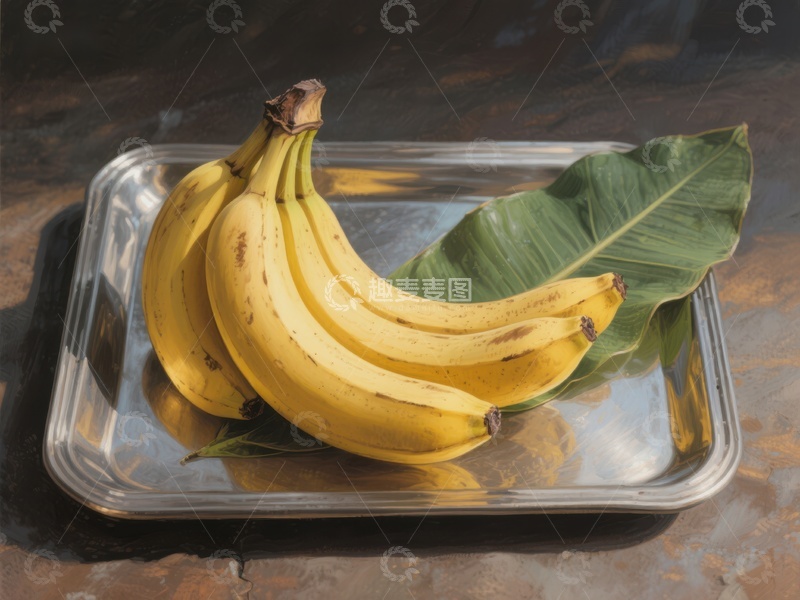 高清大图下载【趣麦麦图】金属盘上的香蕉与绿叶