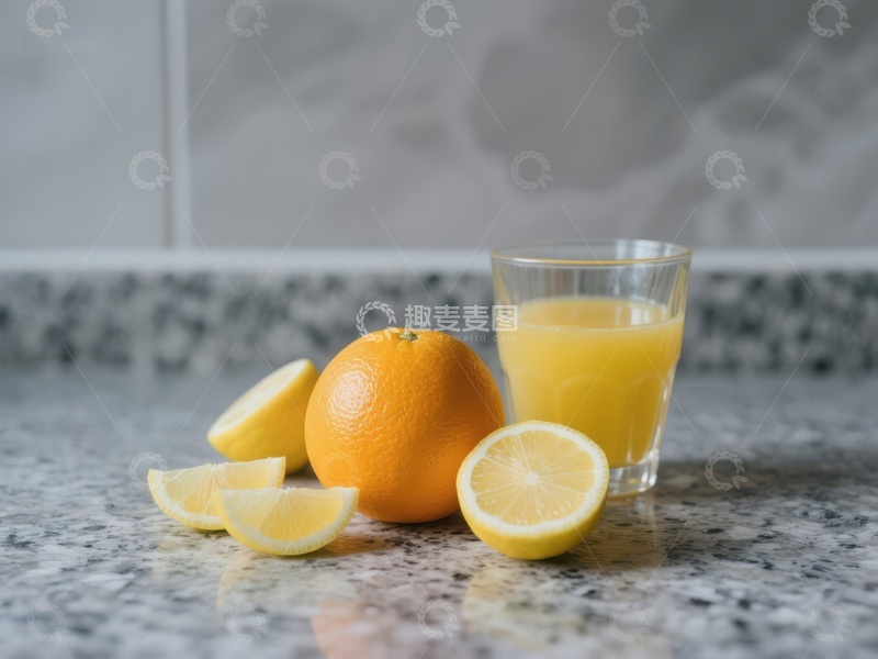 高清大图下载【趣麦麦图】新鲜橙汁与水果的厨房场景