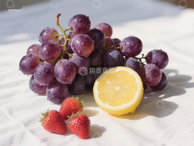 高清大图下载【趣麦麦图】新鲜葡萄、柠檬与草莓的组合