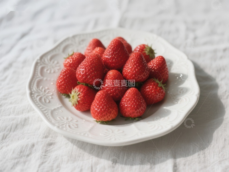 高清大图下载【趣麦麦图】新鲜草莓盛放在白色盘中