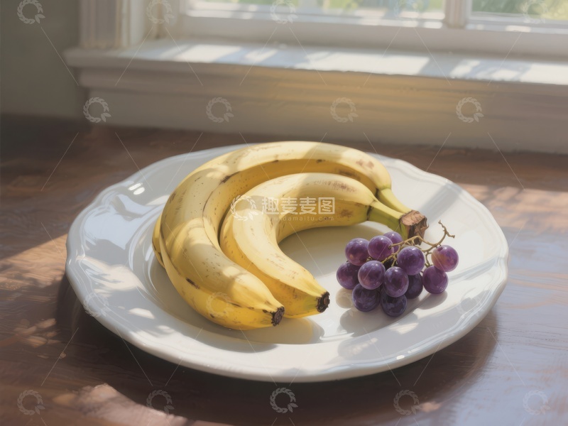 高清大图下载【趣麦麦图】盘中香蕉与葡萄的静物组合