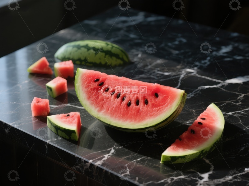 高清大图下载【趣麦麦图】切开的西瓜与瓜块置于大理石台面